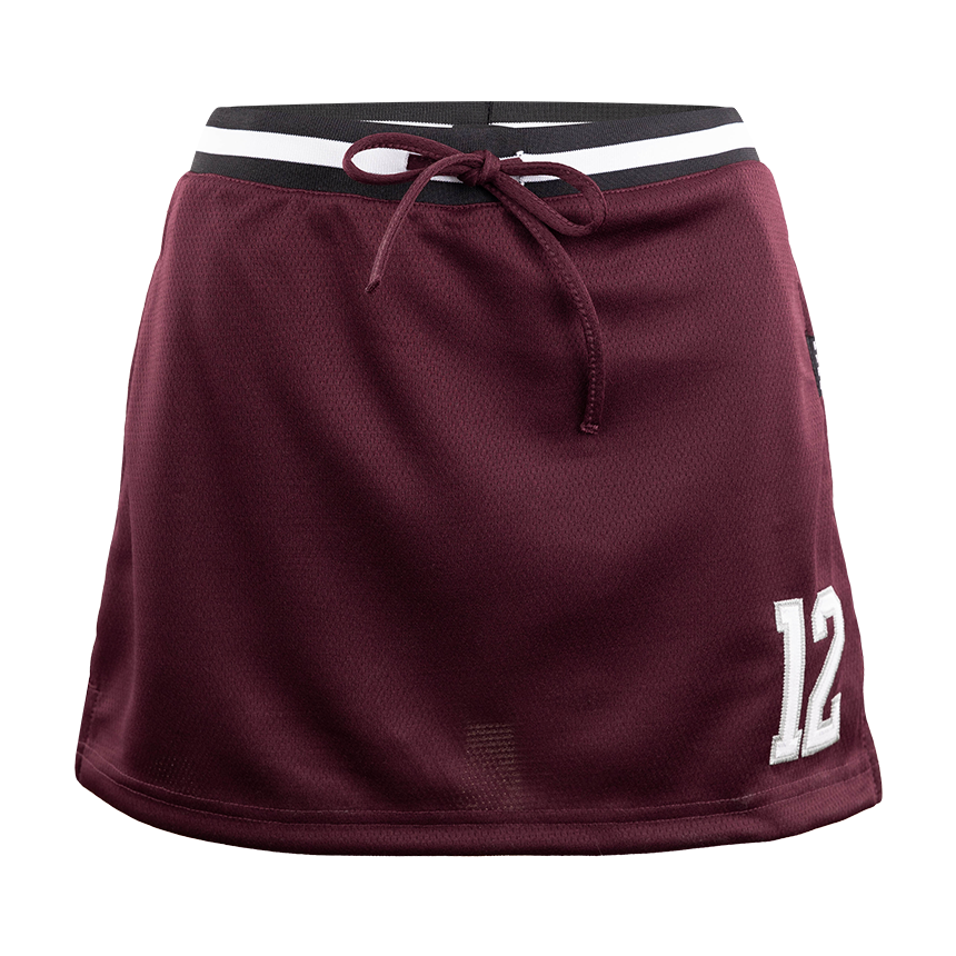 Maroon Skirt jersey material with bolded white 12 on left hip. has a tie waist.
