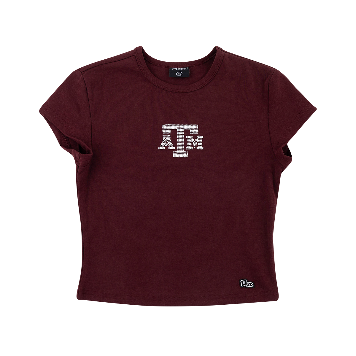 A maroon short-sleeve crop top t-shirt featuring a white beaded 'A&M' logo on the center chest. The shirt is displayed flat against a solid white background.