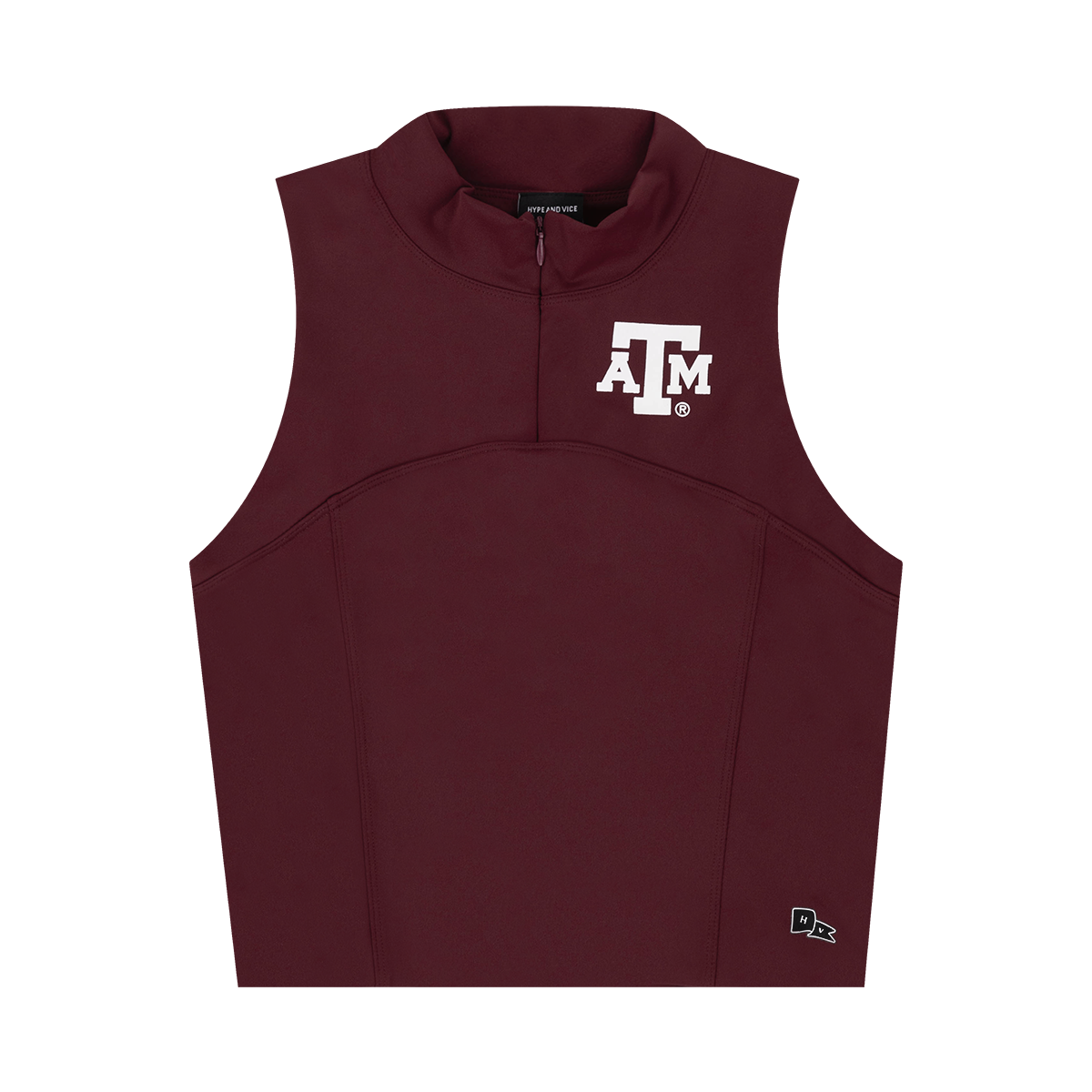 Maroon sleeveless quarter zip top with performance material and built in bra. White ATM logo on the left side of the chest