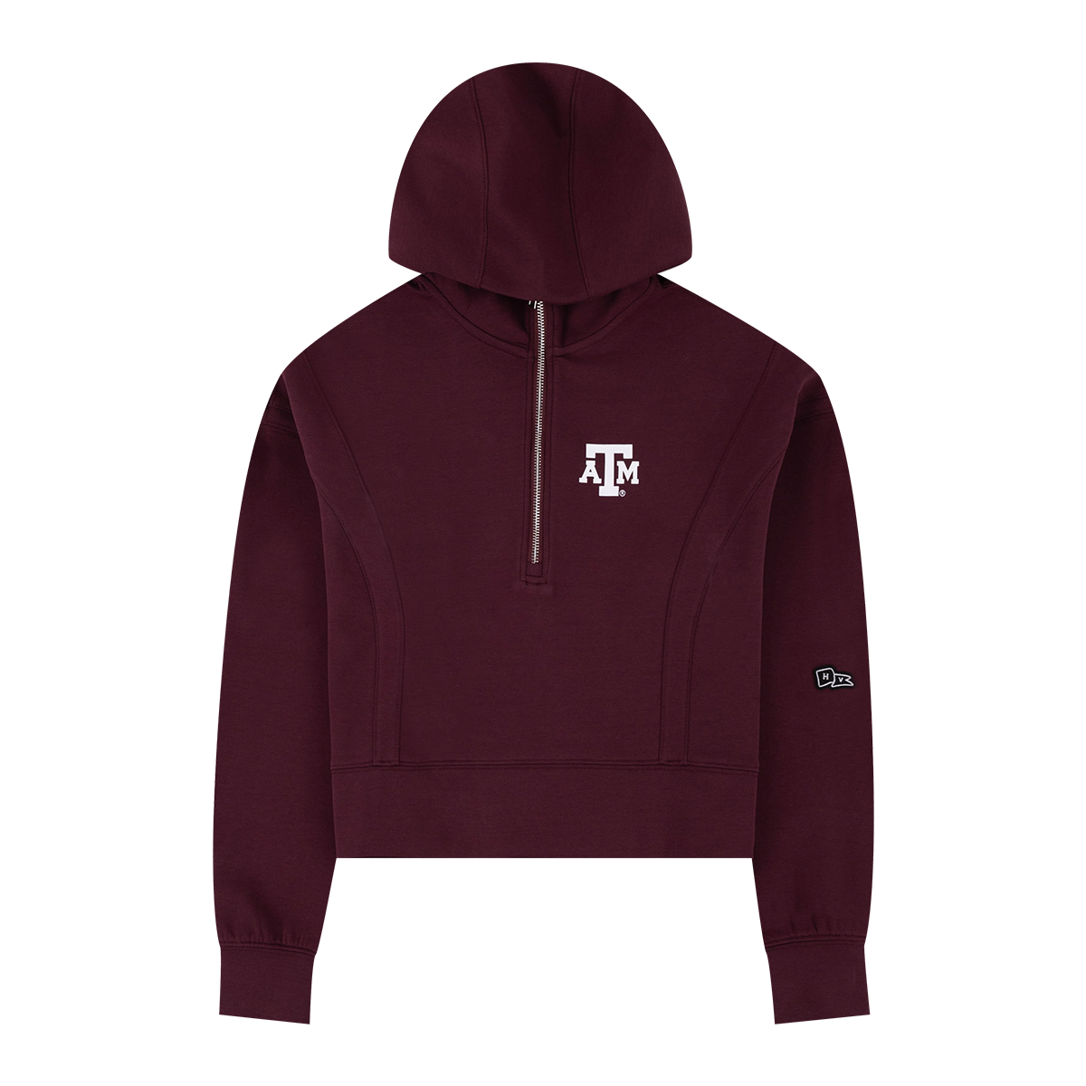 Maroon cropped half zip hoodie with white ATM logo on the left side of the chest