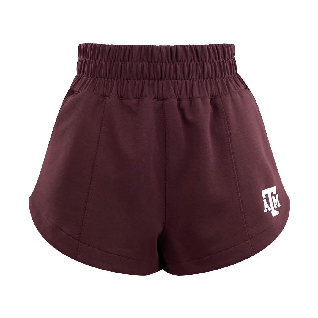 Maroon butter shorts with ruched waist and Texas A&M logo on the left pant leg