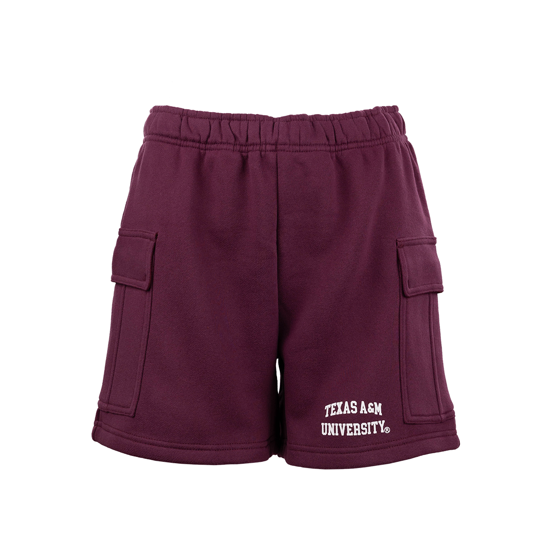 Maroon cargo sweatpants with "Texas A&M University" in white on the left pant leg.