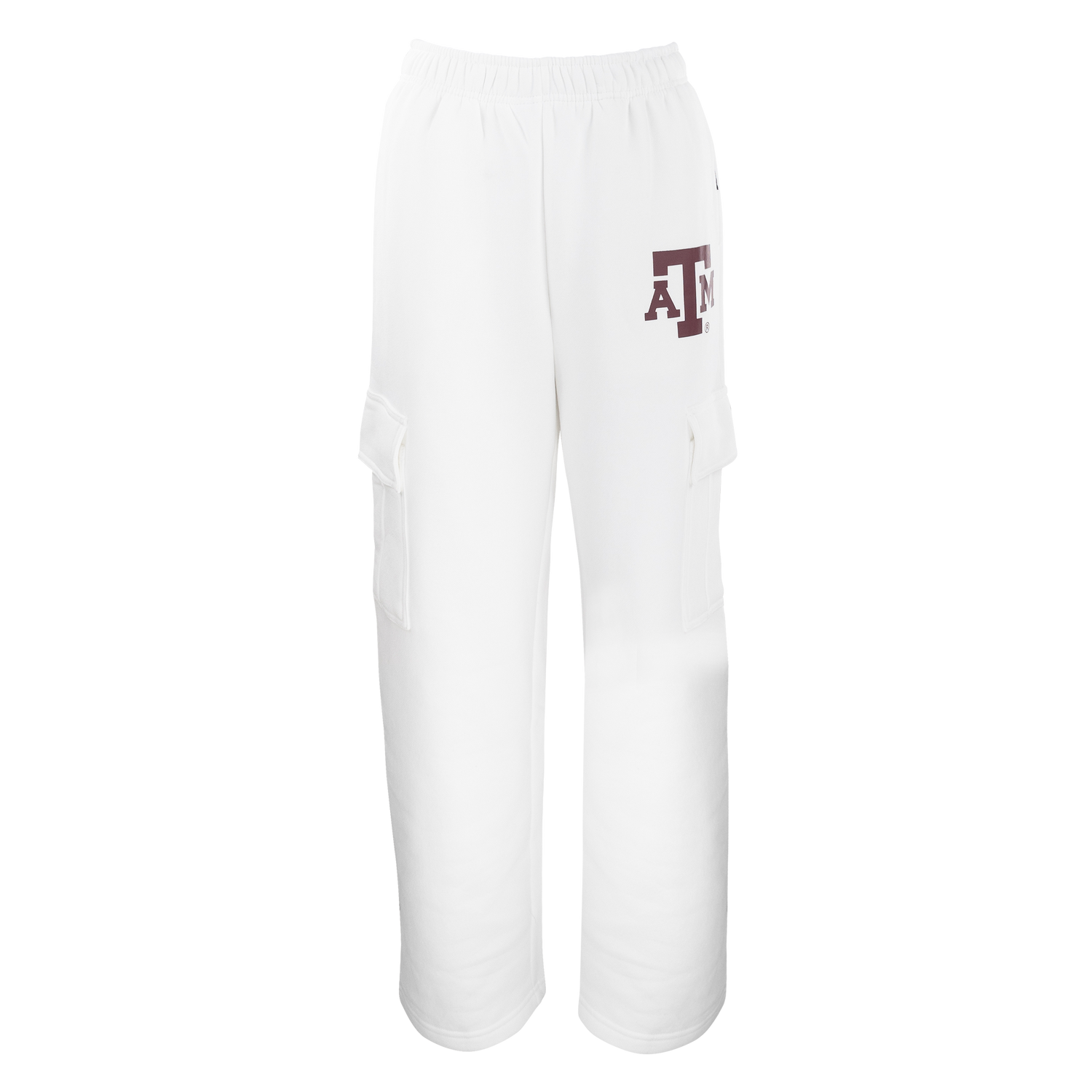 White cargo sweatpants with maroon ATM logo on the left pant leg