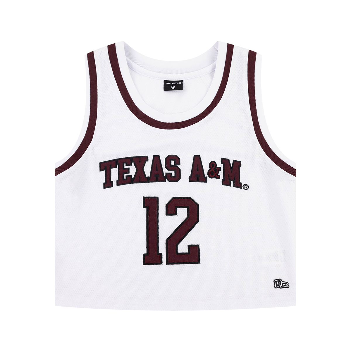 White cropped basketball jersey with "TEXAS A&M 12" in maroon