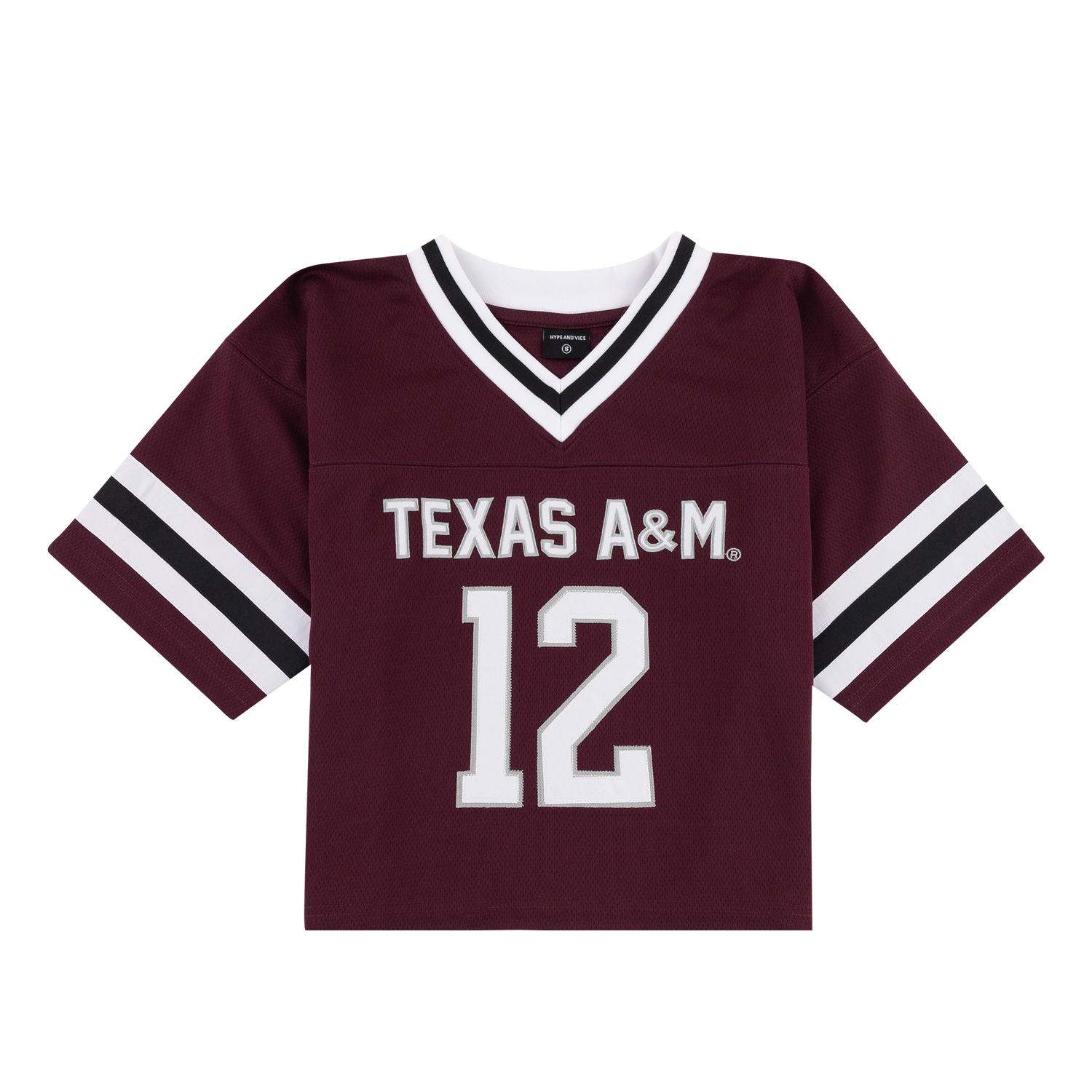 Maroon cropped football jersey with "Texas A&M 12" in white.