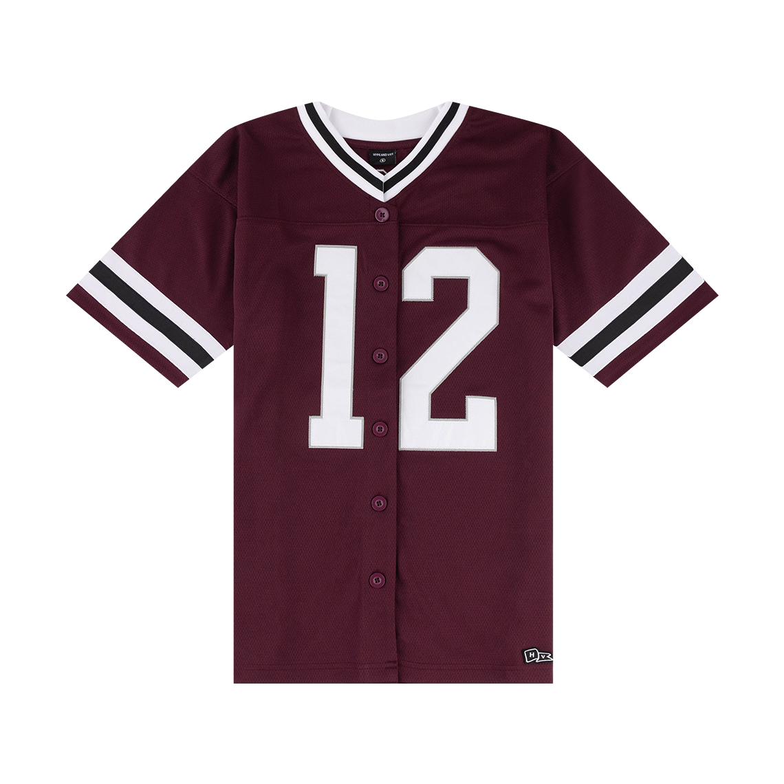 Maroon button down football jersey with "12" in white