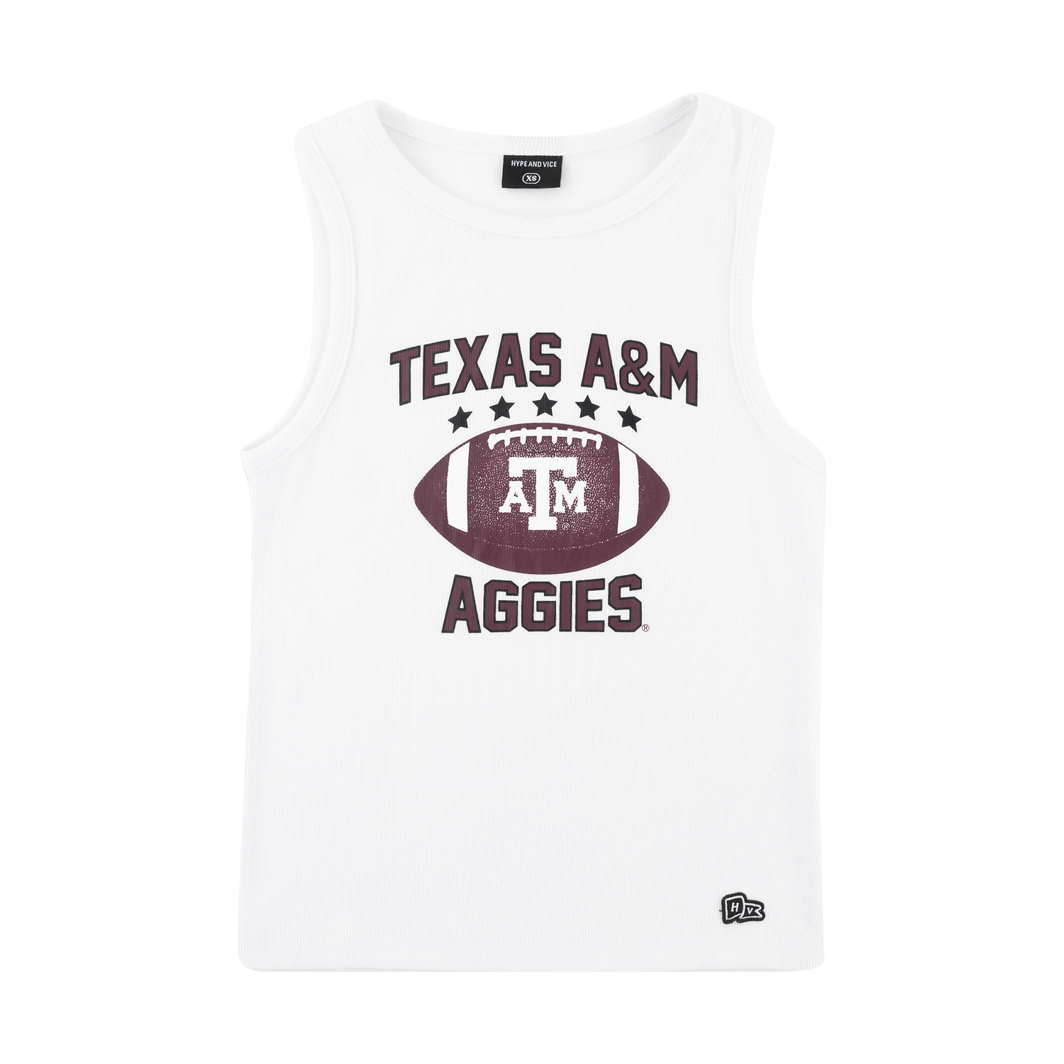 A white sleeveless tank top featuring a distressed dark maroon graphic of a football with the Texas A&M 'A&M' logo, surrounded by the text 'TEXAS A&M' and 'AGGIES' with stars.
