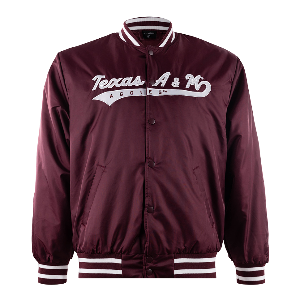Maroon varsity jacket with white "Texas A&M Aggies" in white with white stripes collar and bottom of sleeves.