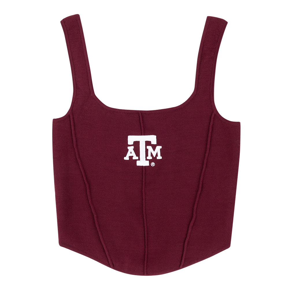 Maroon knit corseted tank top with white ATM logo in the center