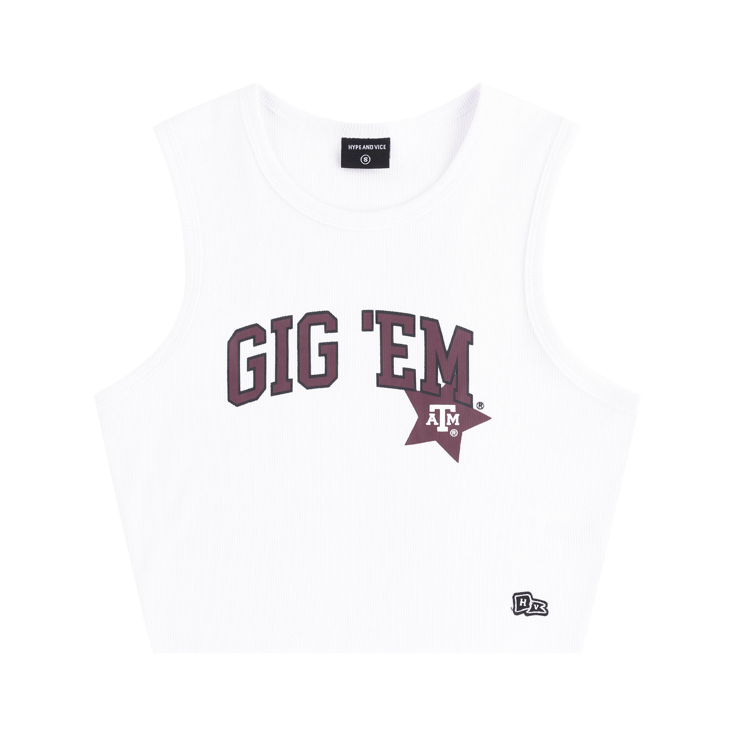 White Tank Top with Maroon Gig 'Em Text and Star