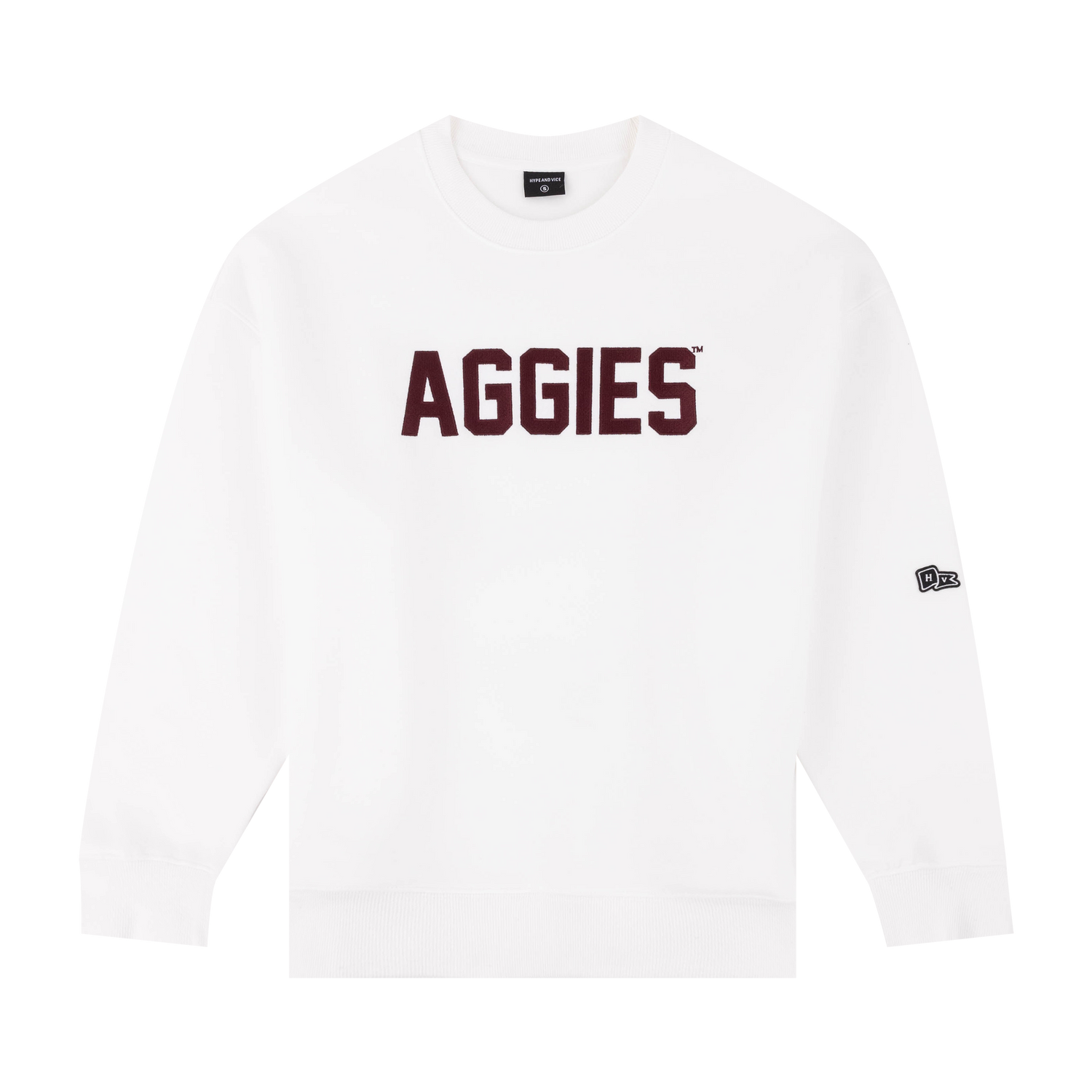 White sweatshirt with "AGGIES" in maroon patches