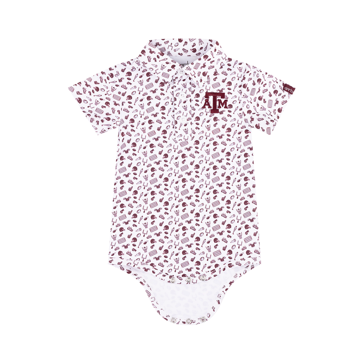 Baby onesie with maroon patterns and the Texas A&M logo 
