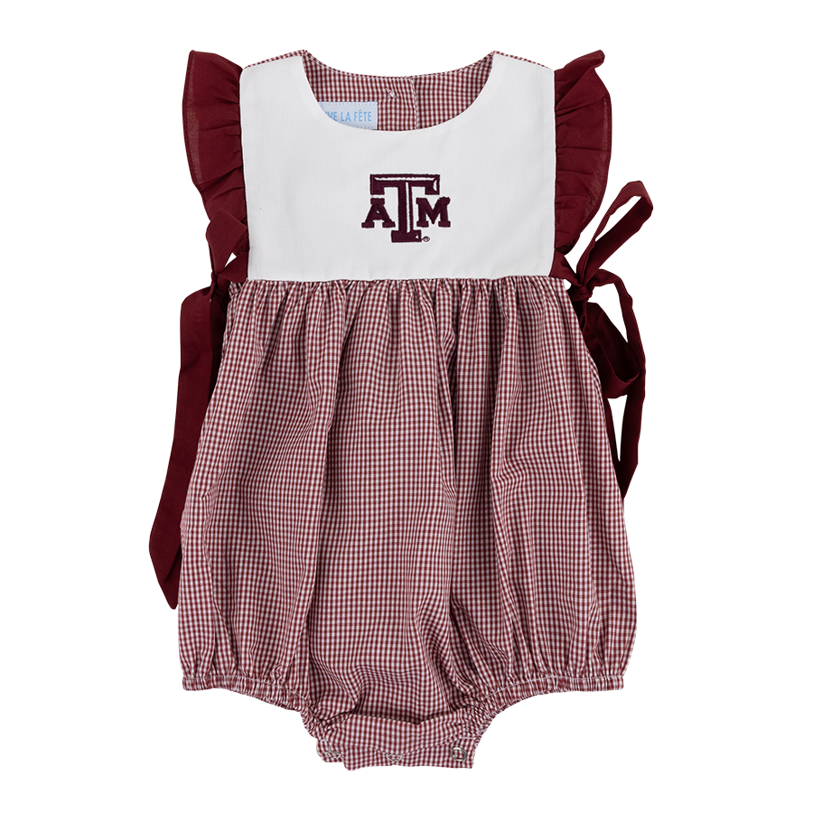 Baby romper with Texas A&M logo in maroon