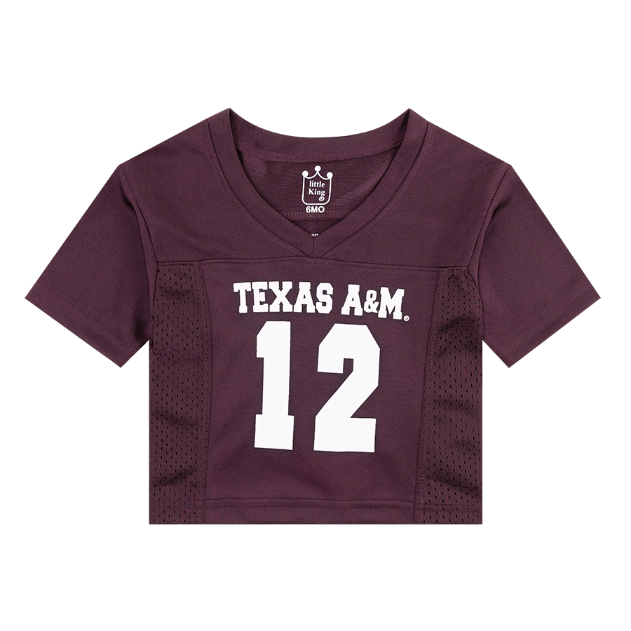 Maroon infant football jersey with "Texas A&M 12" in white