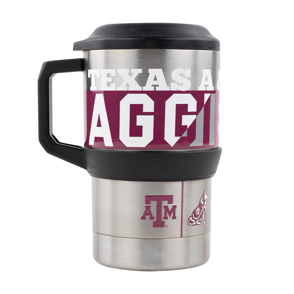 Texas A&M Aggies cup in sliver helps make the wording that is in many colors show off.