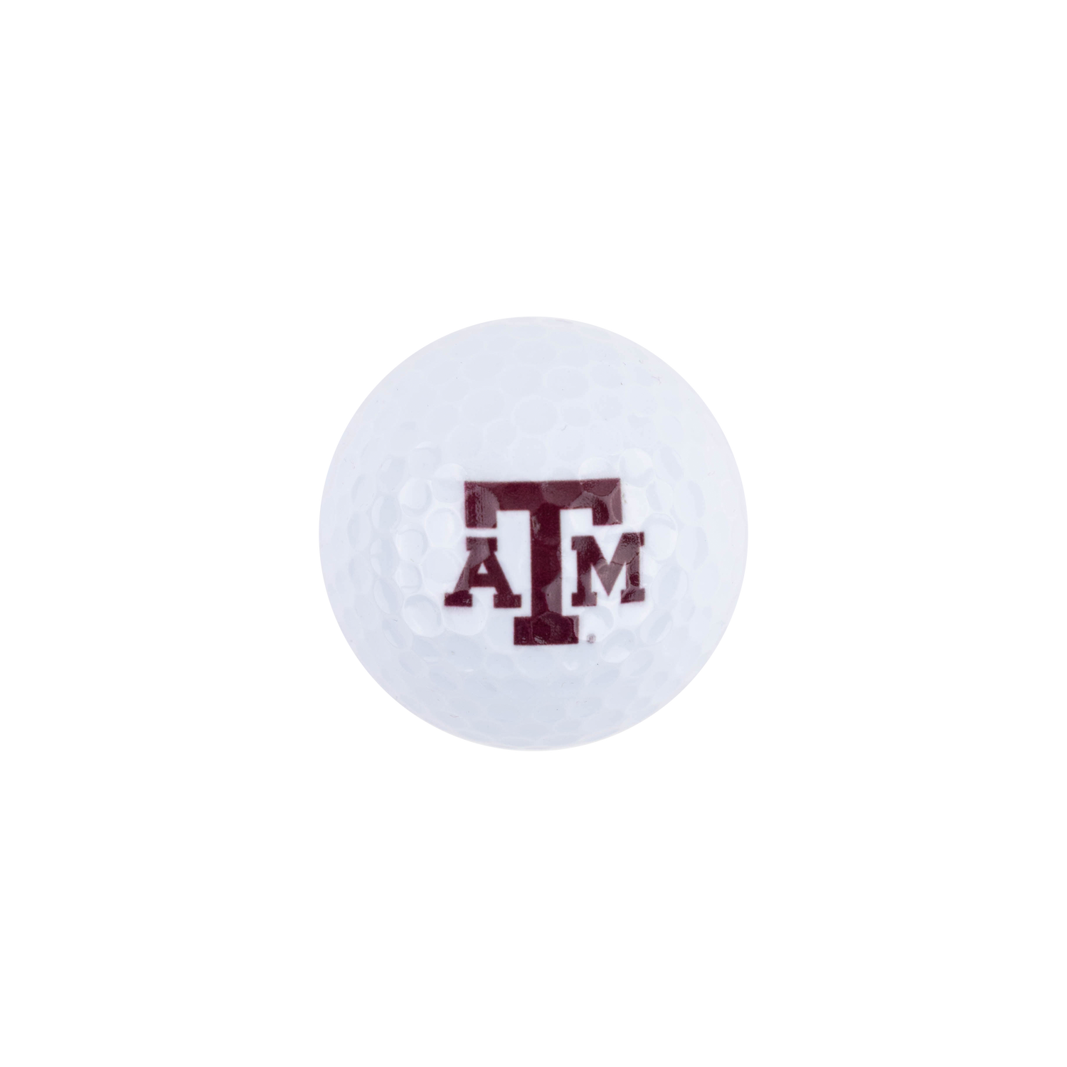 A white dimpled golf ball featuring the maroon Texas A&M 'ATM' logo in the center, isolated on a solid white background.