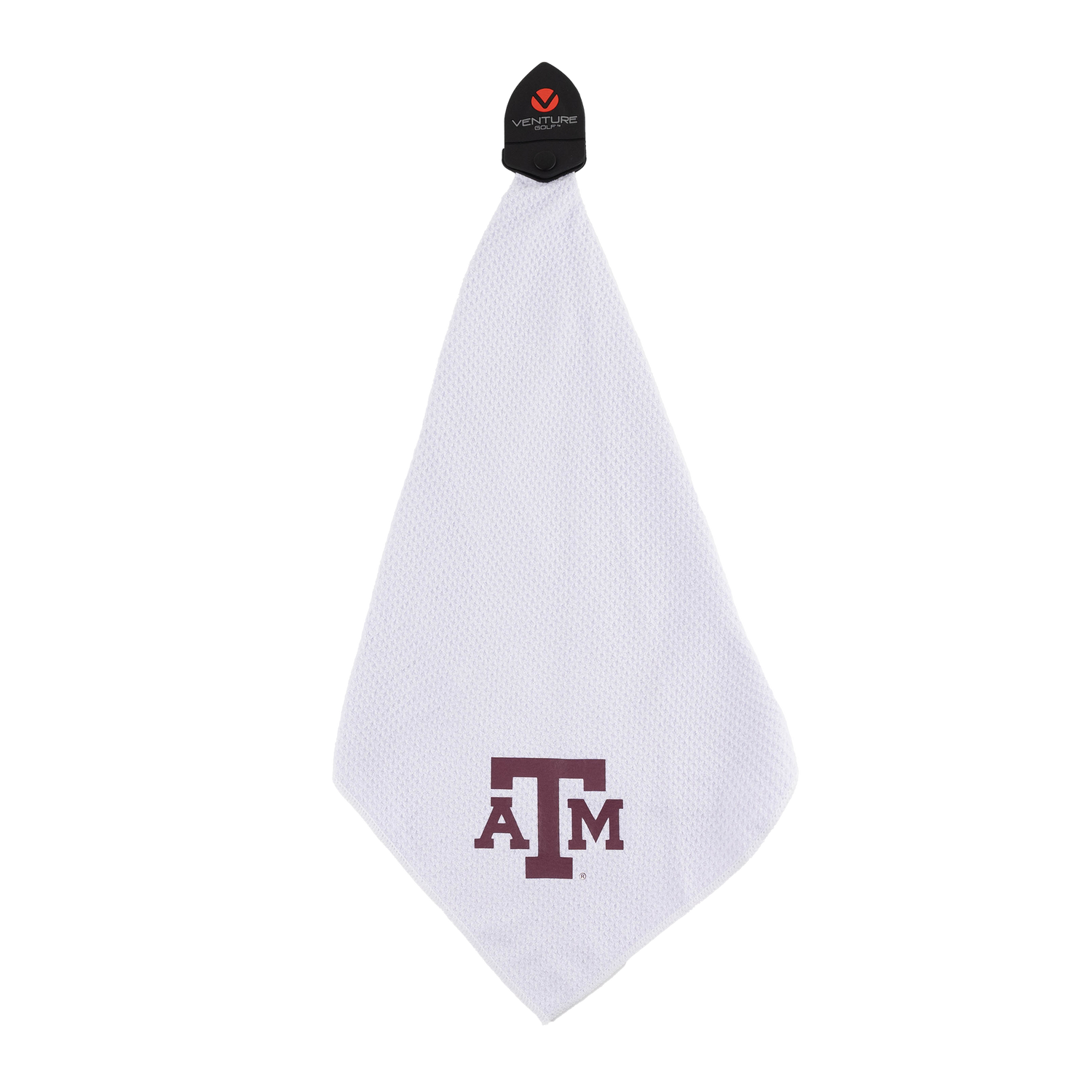 A white textured mesh towel featuring the maroon Texas A&M 'A&M' logo on the lower half and a black branded loop at the top.