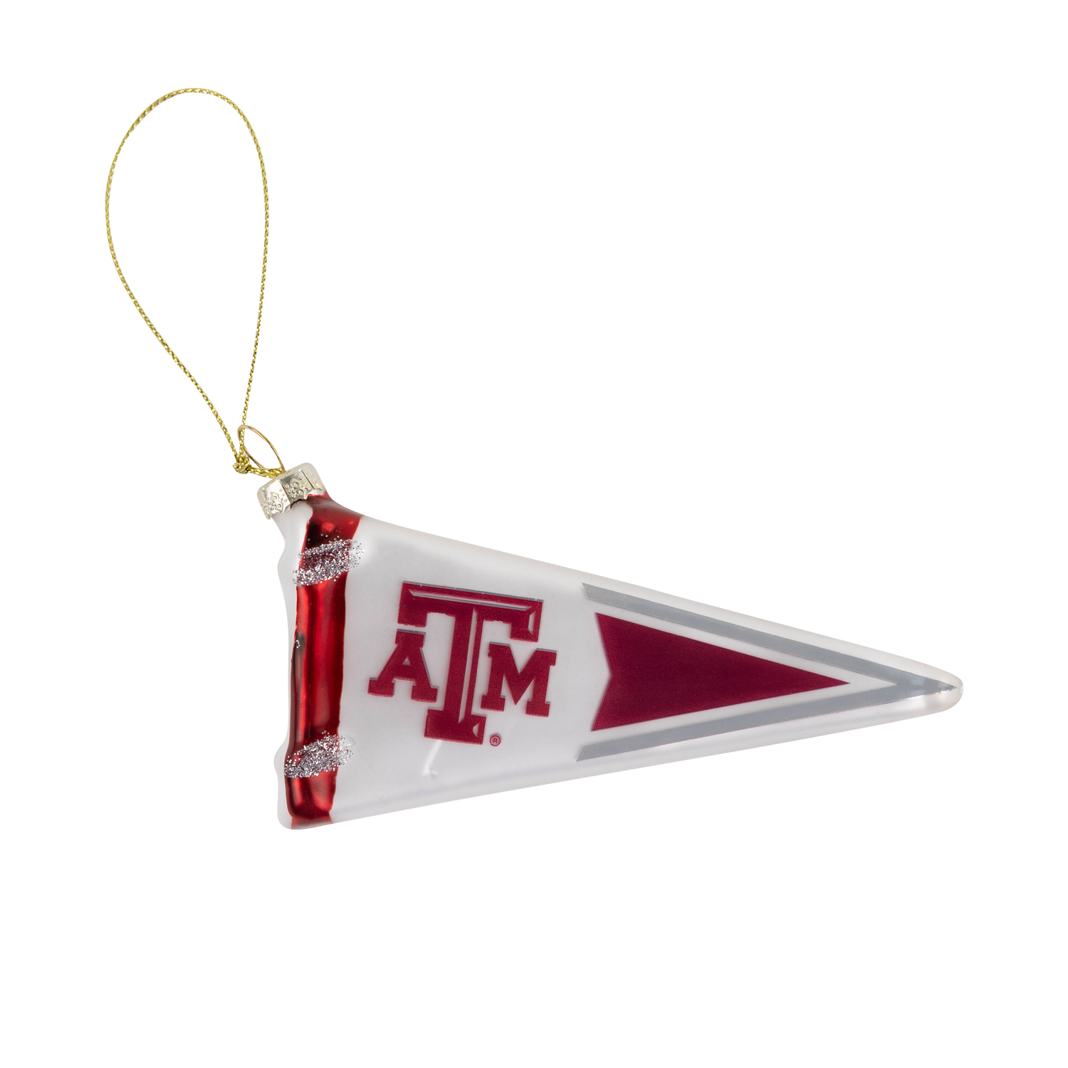 Texas A&M pennant-shaped Christmas ornament featuring a white and maroon design, Texas A&M logo, silver accents, and a gold hanging cord.