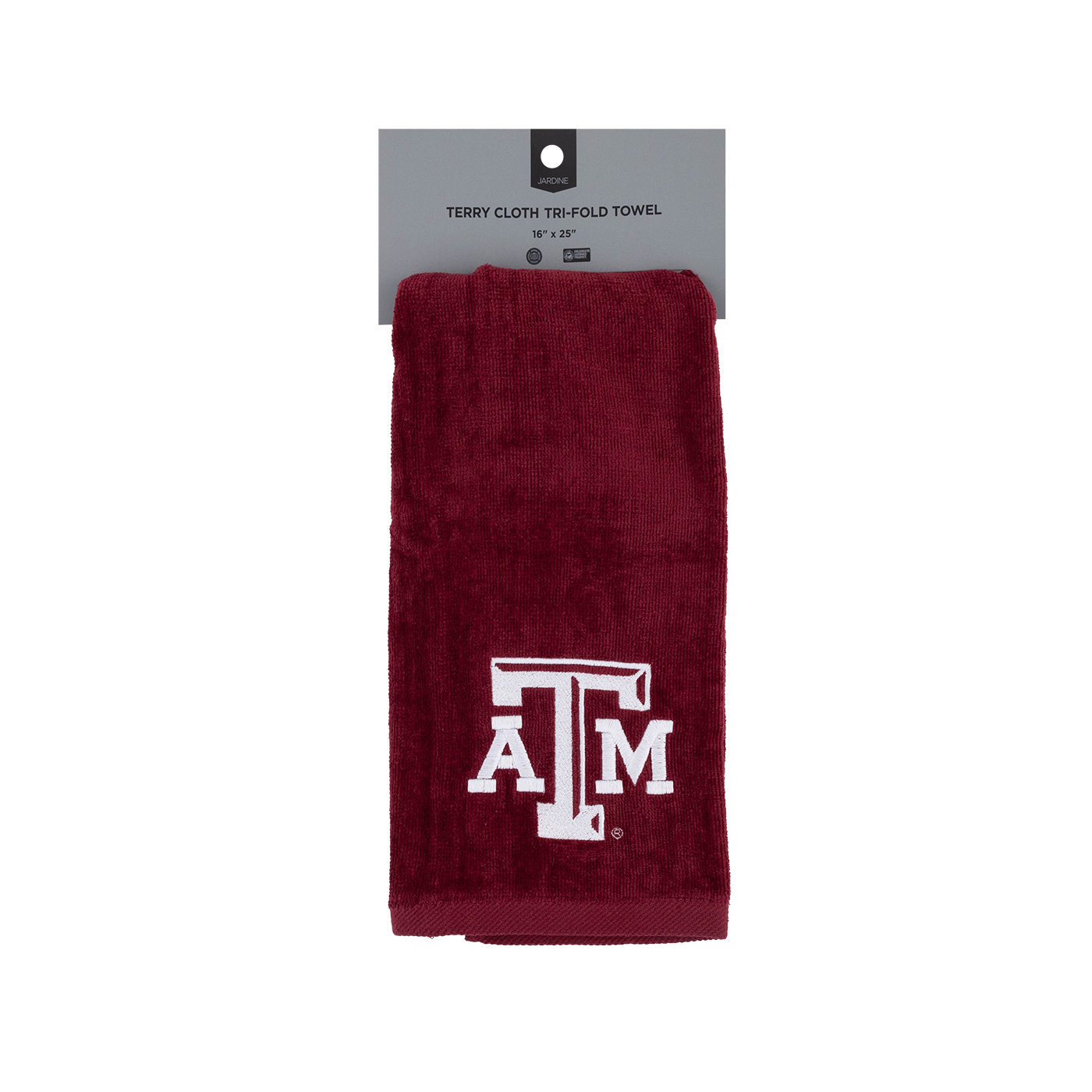 A maroon terrycloth 16-fold towel with a white Texas A&M 'A&M' logo, hanging from a gray retail header card on a white background.