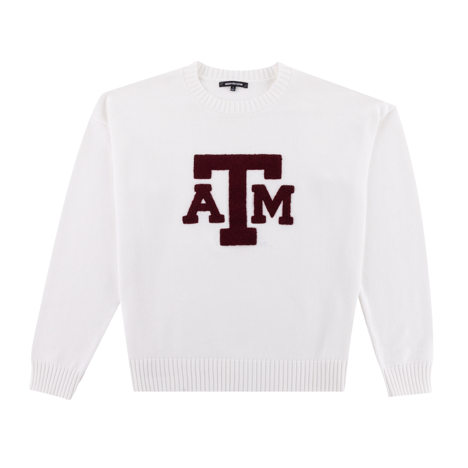 White sweater with maroon ATM logo.
