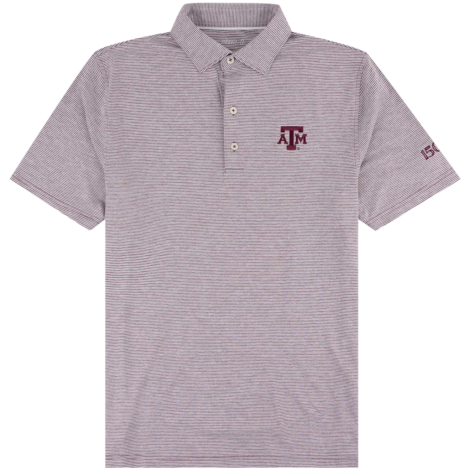 A short-sleeve polo shirt in a heathered light maroon fabric, featuring a maroon embroidered 'A&M' logo on the left chest and a maroon logo on the right sleeve. The shirt has a three-button placket and is photographed flat against a solid white background.
