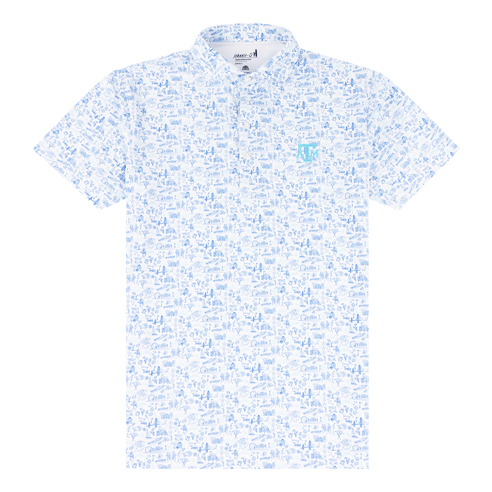 White polo shirt with blue pattern and the Texas A&M logo embroidered on the upper left chest