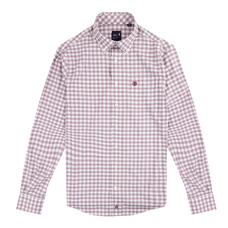 Maroon and white gingham button down with a small maroon ATM logo