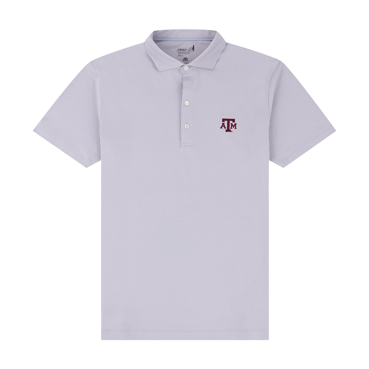 Light grayish purple polo with maroon ATM logo on the left side of the chest