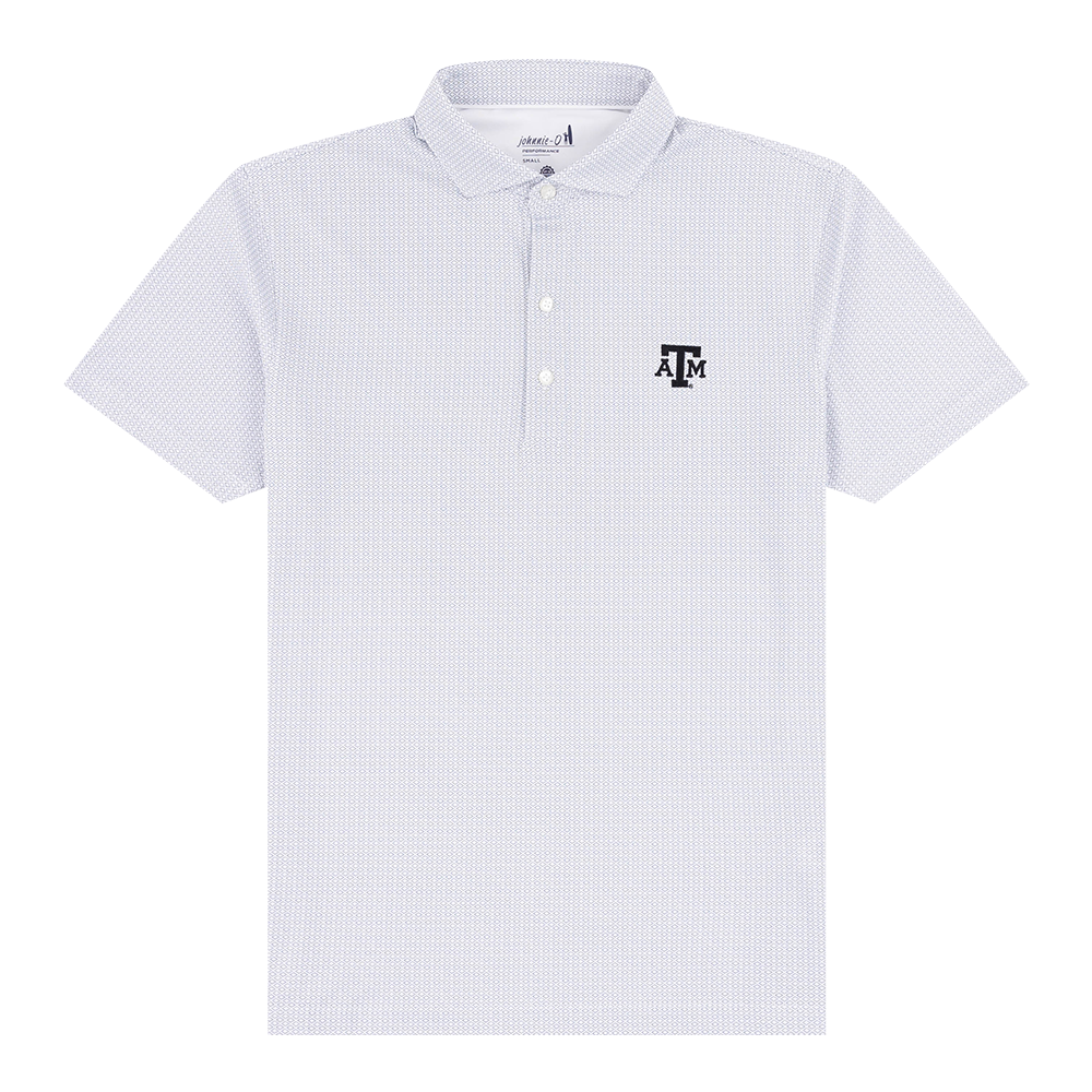 White polo with black dotted diamond design and black ATM logo on the left side of the chest
