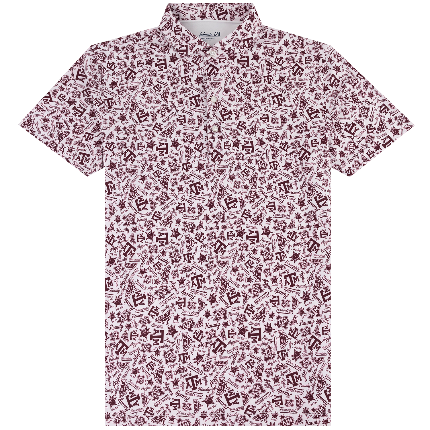A short-sleeve button-up shirt with an all-over repeating pattern of maroon and white Texas A&M branding pattern.