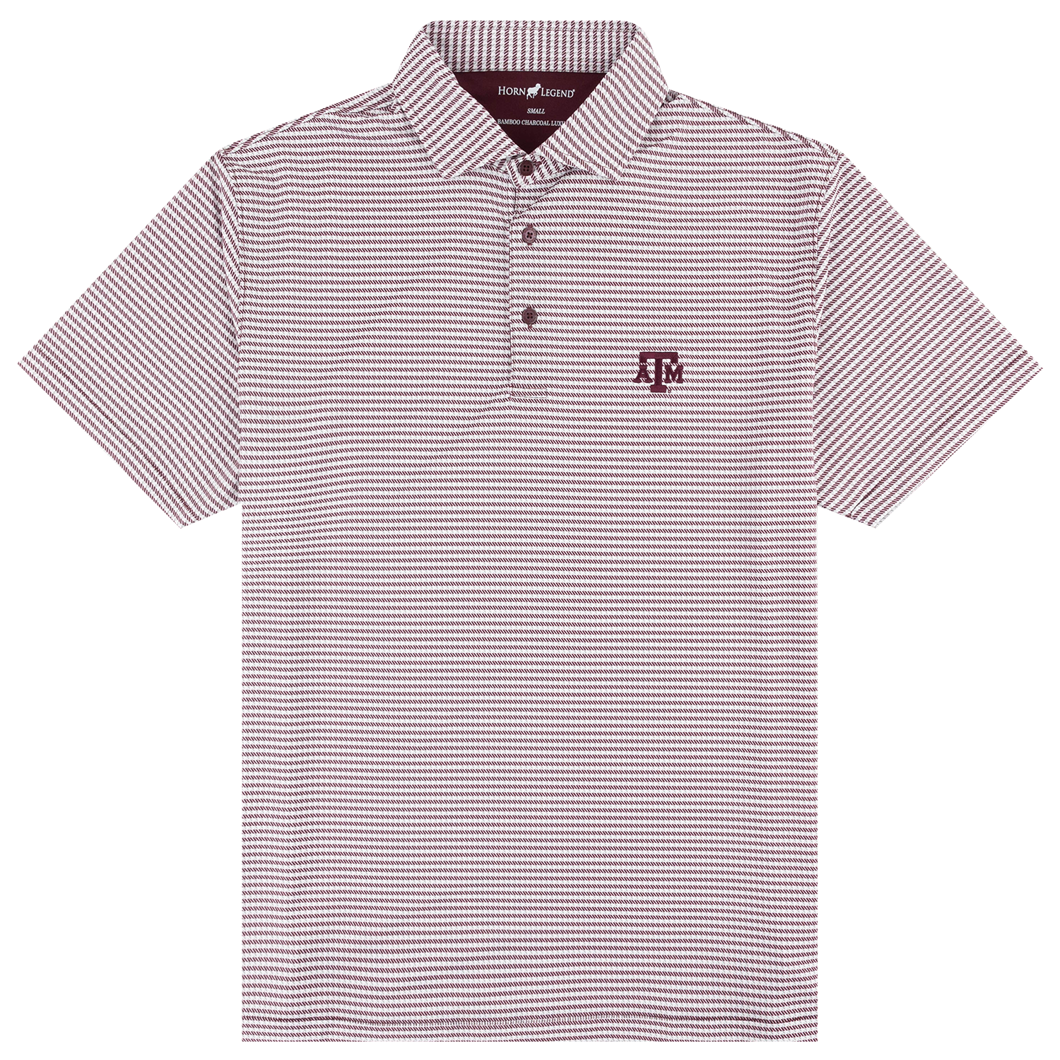 Maroon crosslinked design on polo with maroon ATM logo on chest