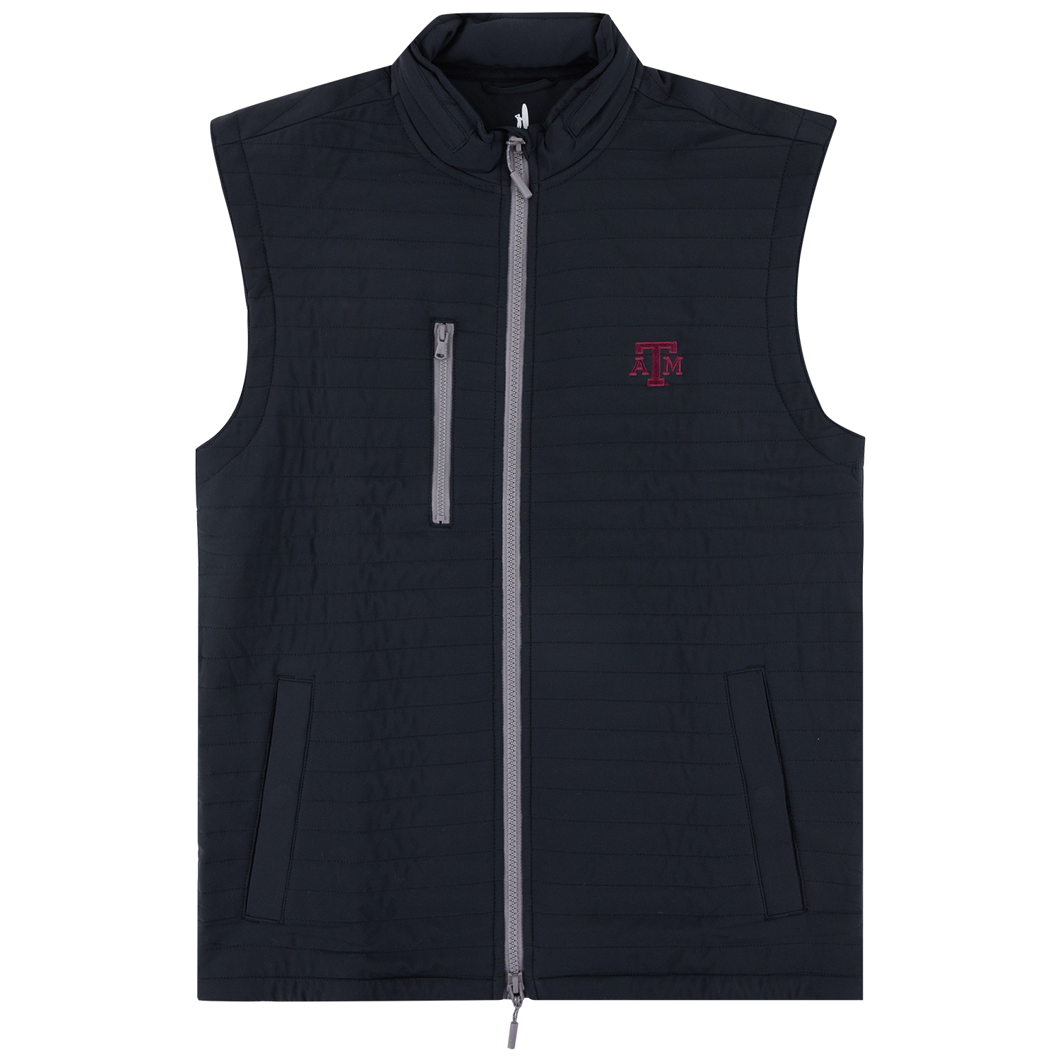A black quilted vest featuring a full-length grey front zipper, a vertical zippered chest pocket, side hand pockets, and a maroon Texas A&M logo on the left chest.   
