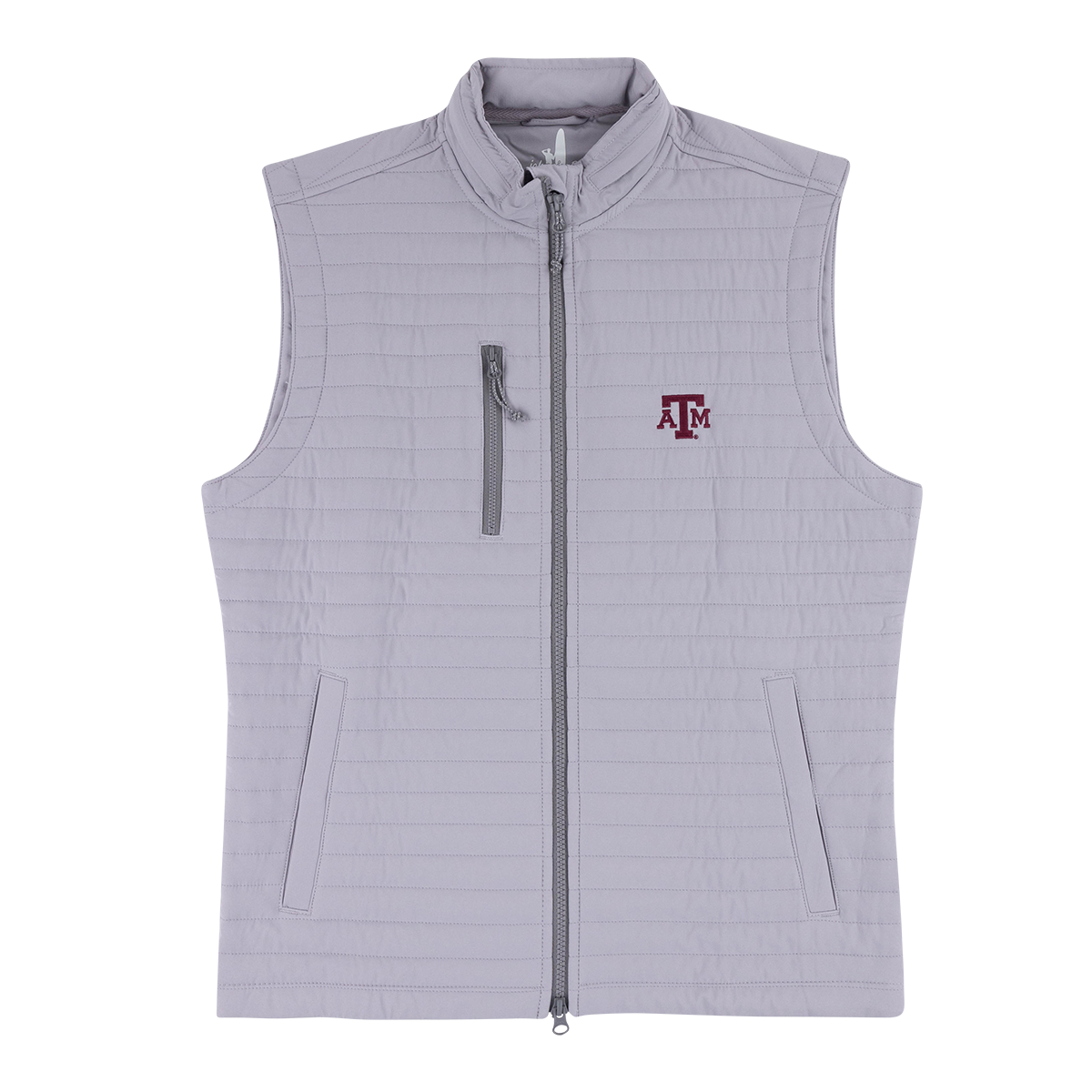 Gray vest with the Texas A&M logo embroidered on the upper left chest in maroon.