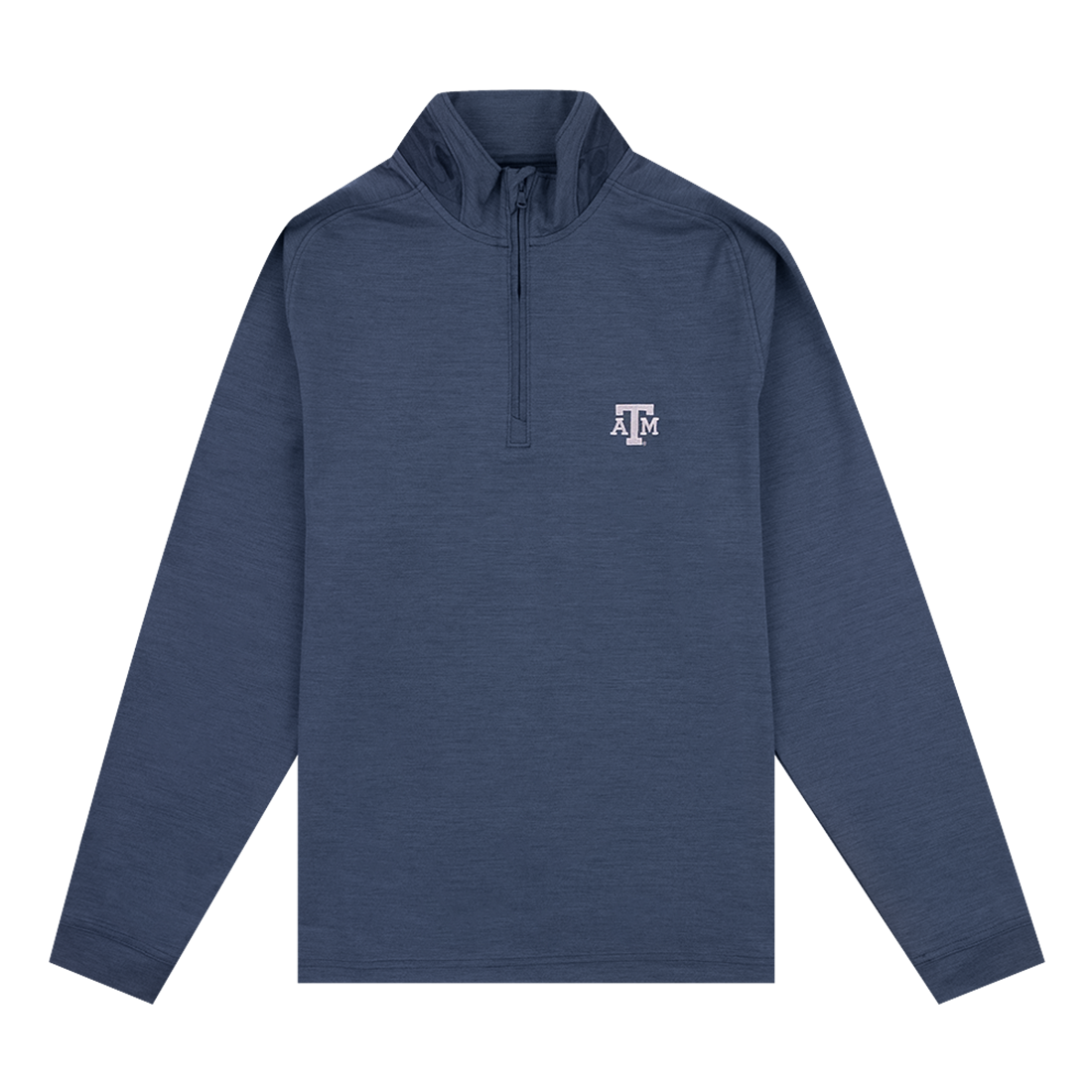 Navy quarter zip with small silver ATM logo on left side of the chest.
