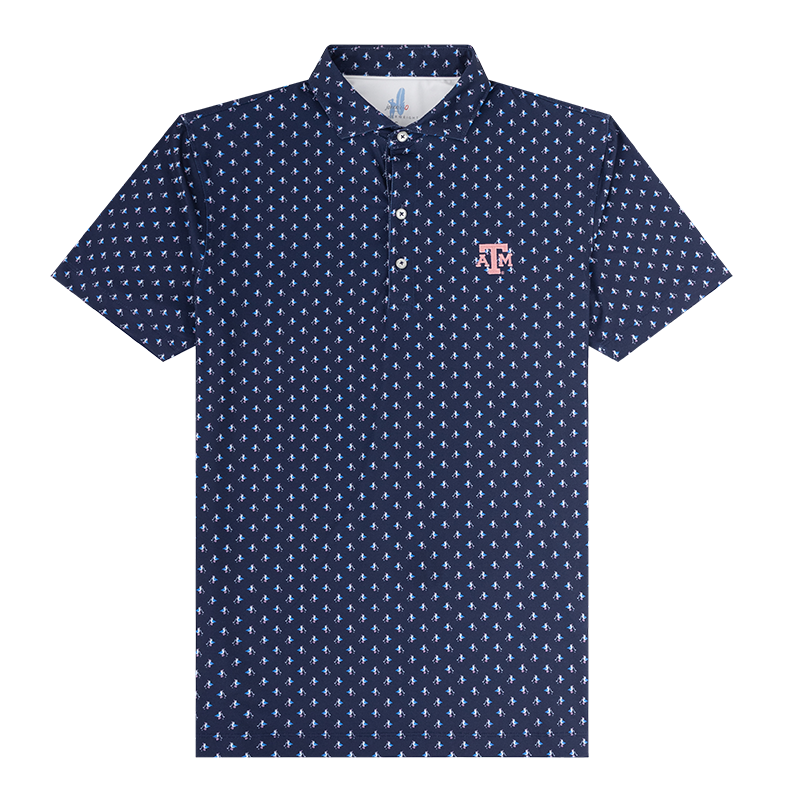 Navy polo with print of birds and golf clubs and pink ATM logo on the left side of the chest