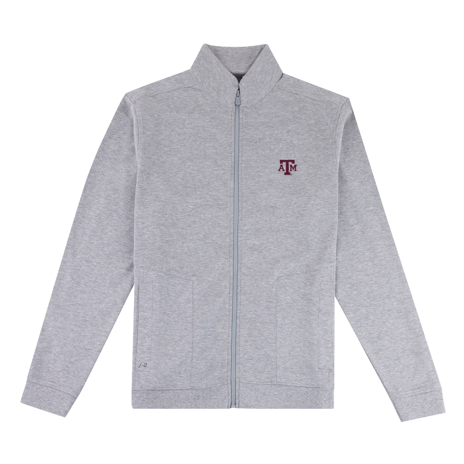 Gray full zip jacket with maroon ATM logo on the left side of the chest.