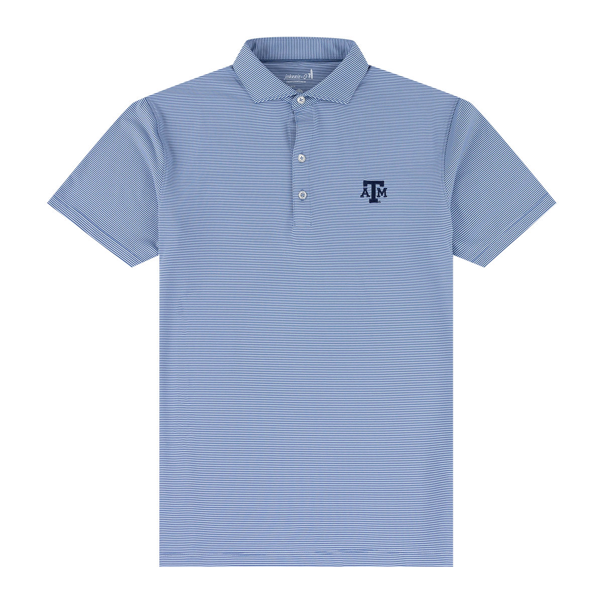 Blue striped polo shirt with the Texas A&M logo embroidered on the upper left chest