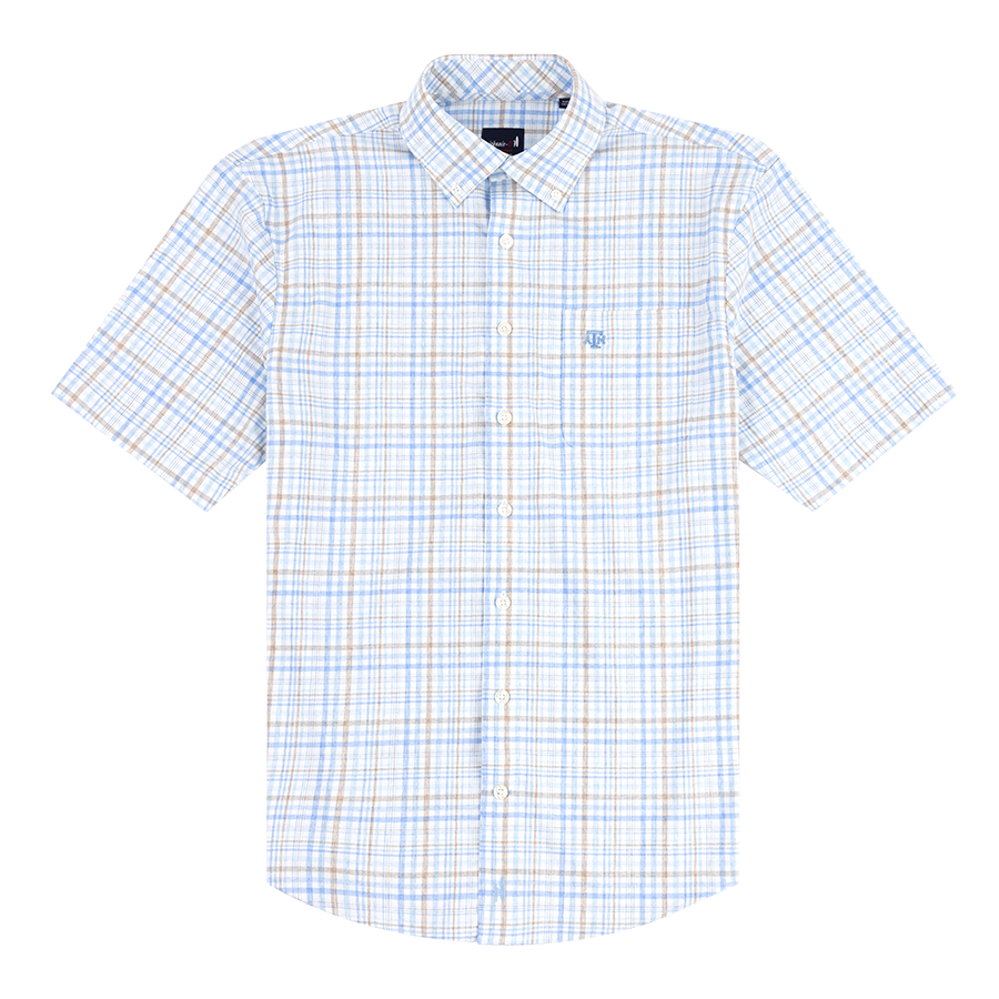 Short sleeve button down with light blue and tan plaid pattern and light blue ATM logo on the left side of the chest