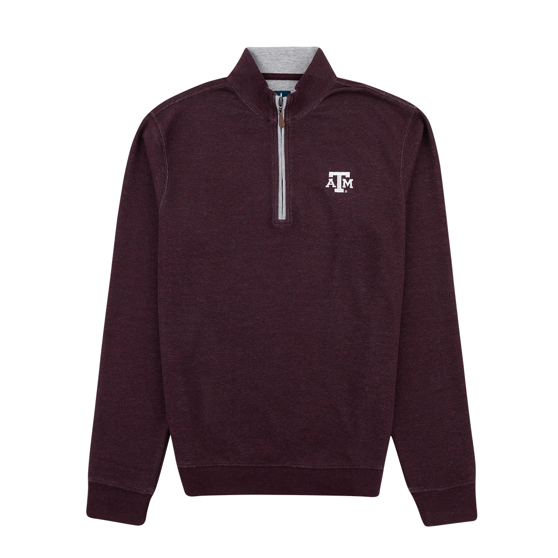 Maroon pullover with the Texas A&M logo in white on the upper left chest,.