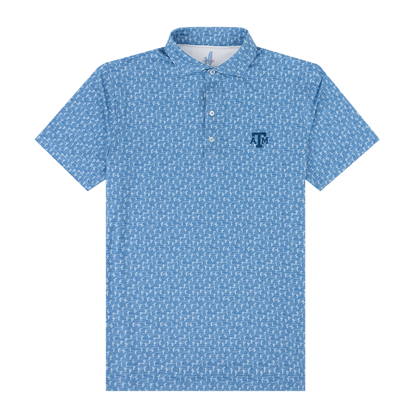 Blue polo with Mojave print and blue ATM logo on the left side of the chest