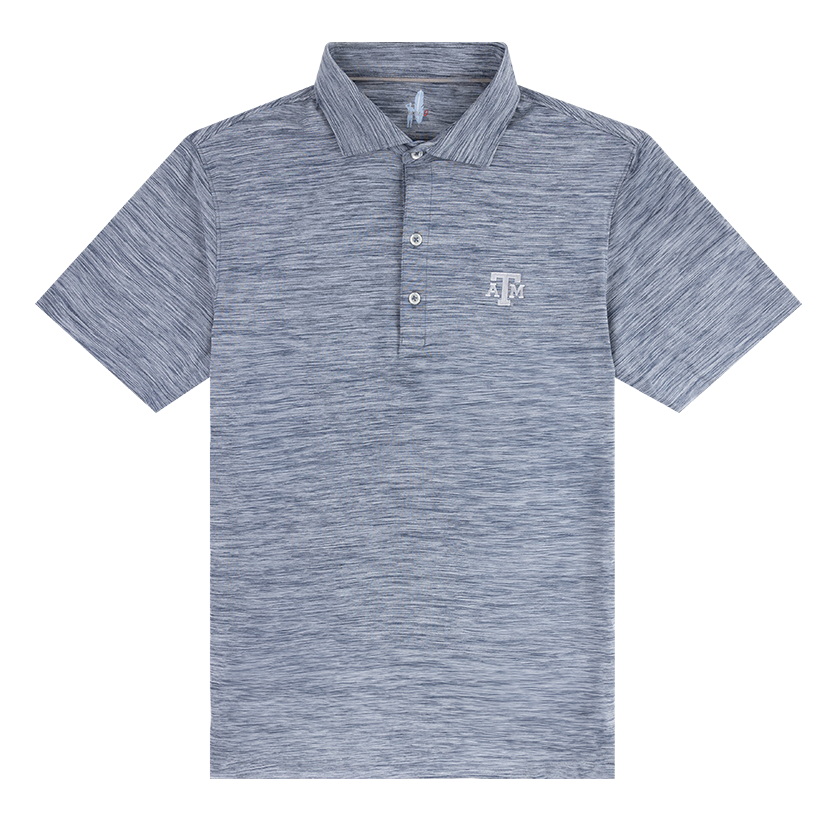 Blue heathered polo with white ATM logo on left side of the chest