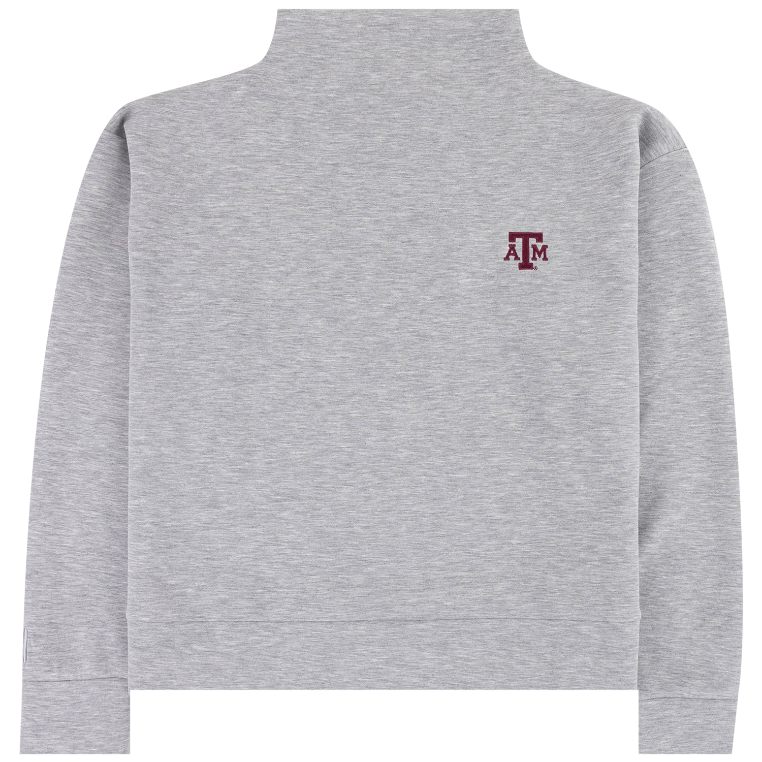 Women's Heathered grey mock nek sweatshirt with maroon Texas A&M logo embroidered on right chest. 