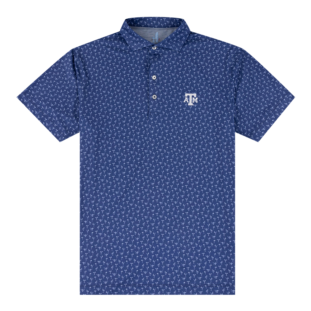 Blue polo shirt with white pattern and the Texas A&M logo on the upper left chest