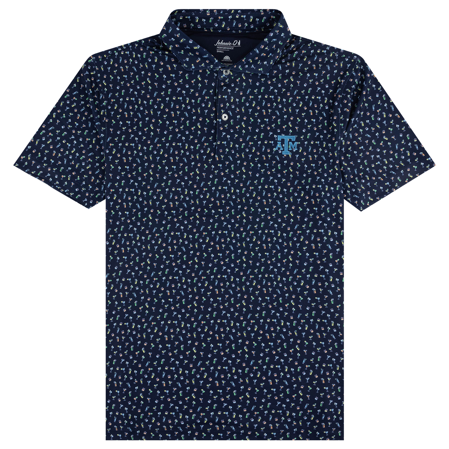 A short-sleeve polo shirt by Johnnie O, featuring a dark navy blue base with a dense, all-over micro-pattern of small white and light blue shapes. A light blue embroidered 'JO' logo is visible on the left chest.