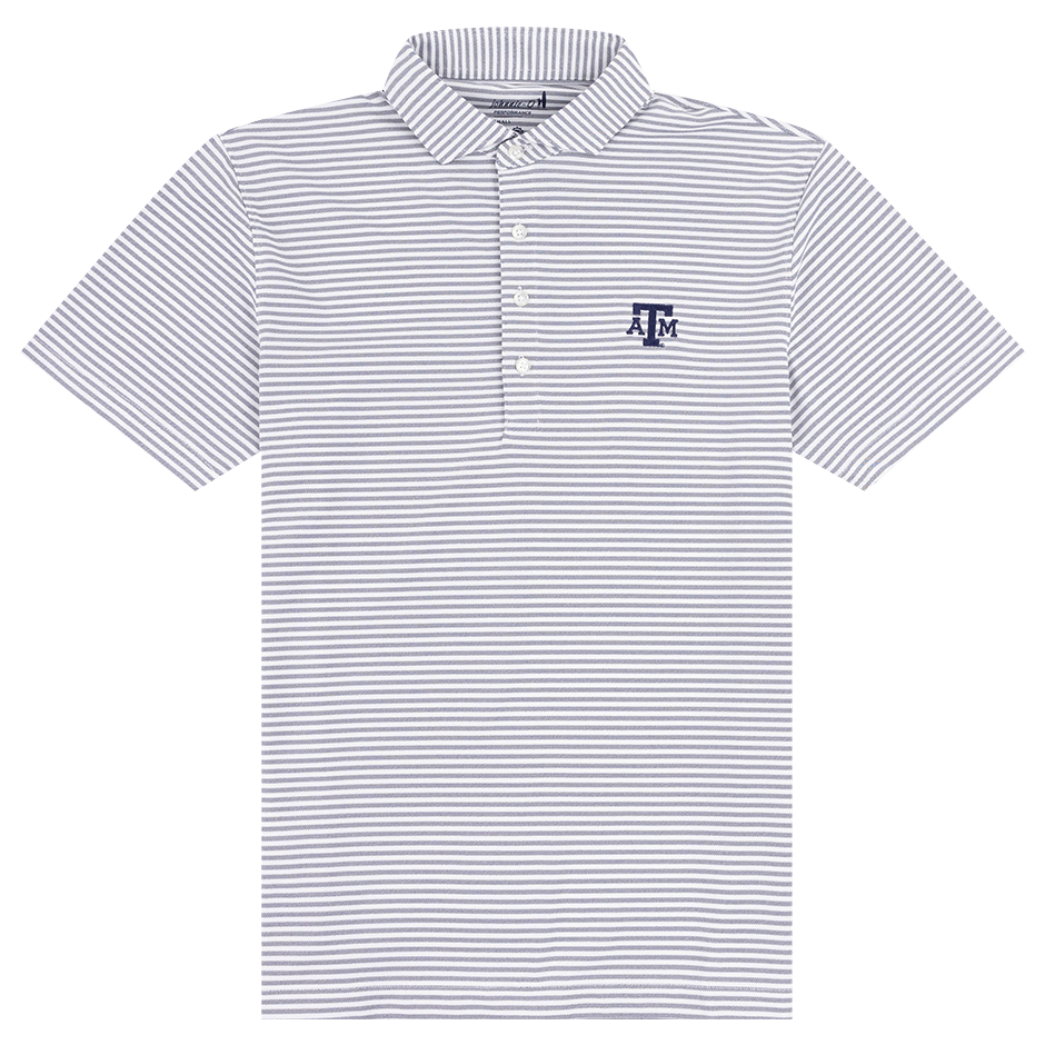 White and navy striped buttoned polo with navy ATM logo on the left side of the chest