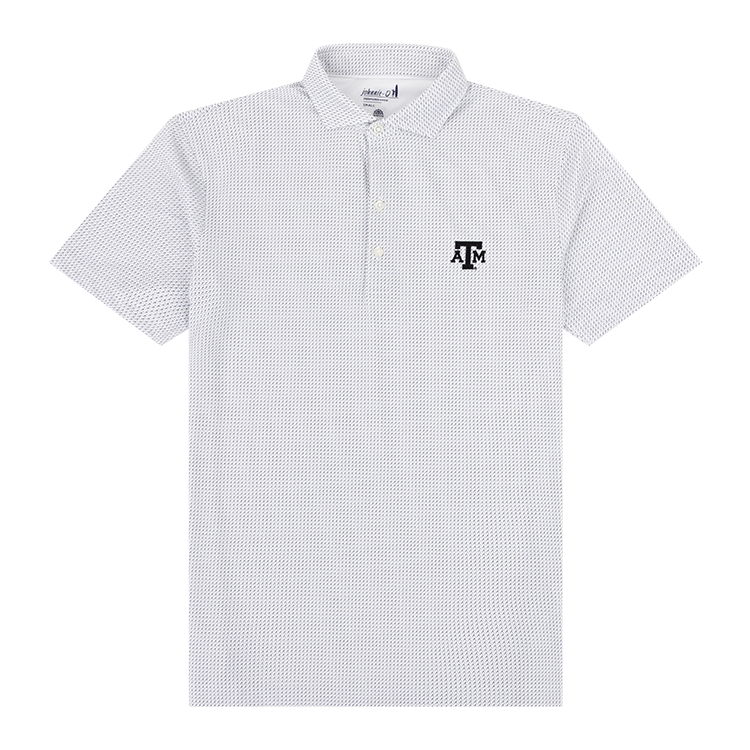 White polo with blue tee time design with navy ATM logo on the left side of the chest