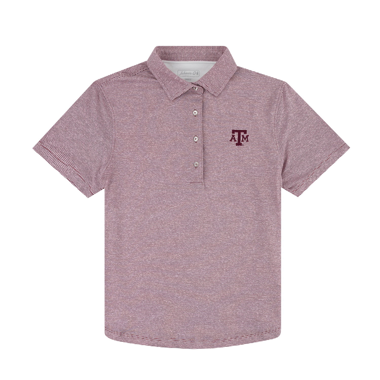 A short-sleeve polo shirt with maroon pinstripes, featuring a three-button placket and a maroon Texas A&M 'A&M' logo embroidered on the left chest, displayed on a solid white background.