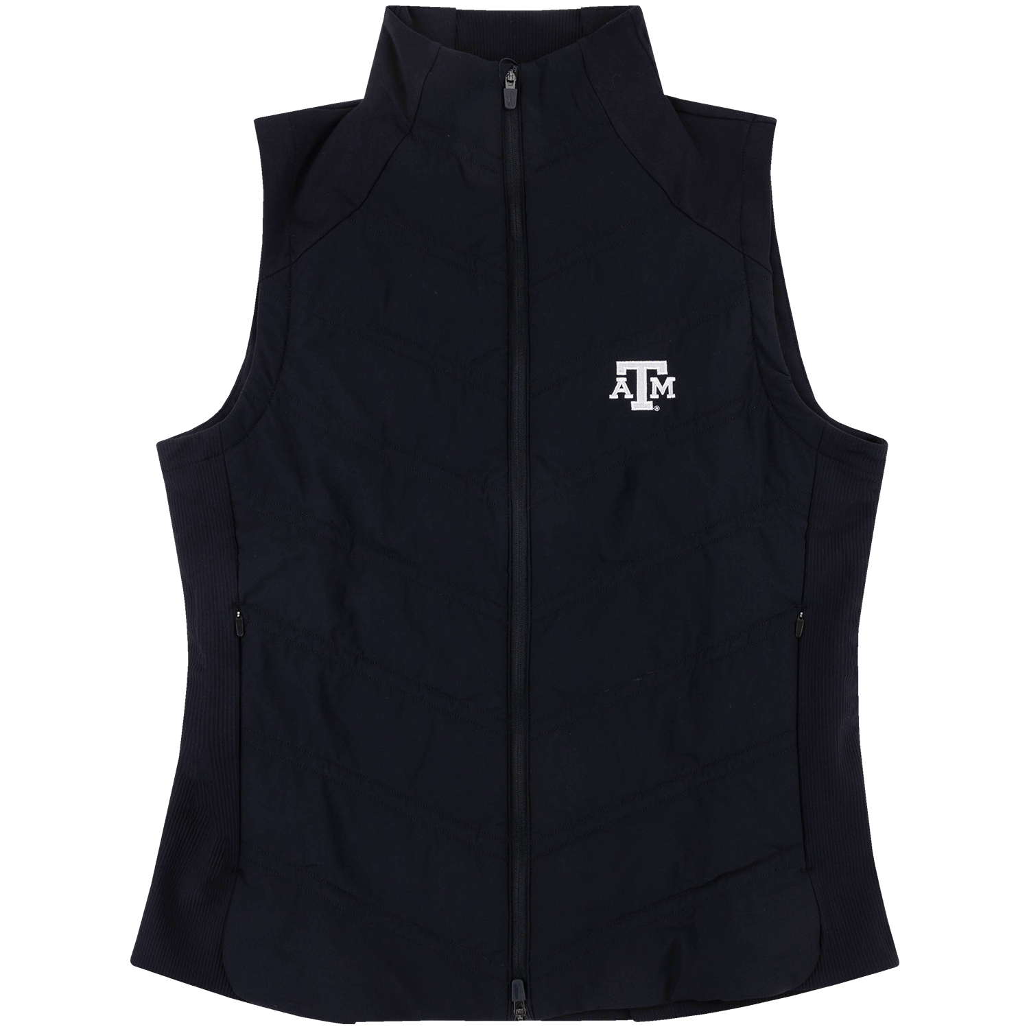 Black Texas A&M full-zip vest with a stand-up collar, white embroidered logo, and zippered pockets.