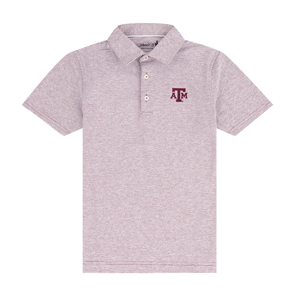 Texas AM youth polo with the Texas A&M emblem on the upper left chest and maroon and white stripes as the polos design.