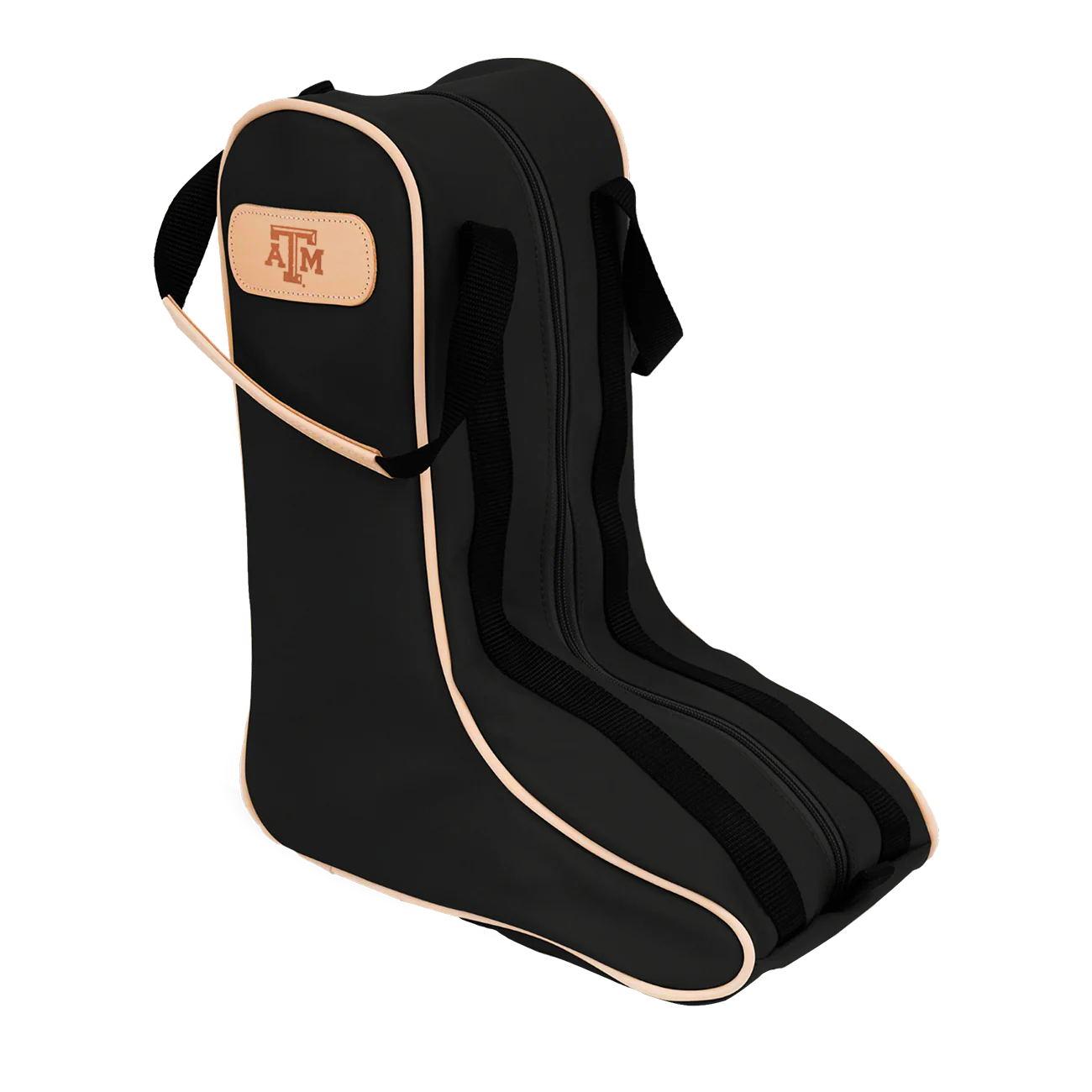 Black boot bag with tan trim and Texas A&M logo
